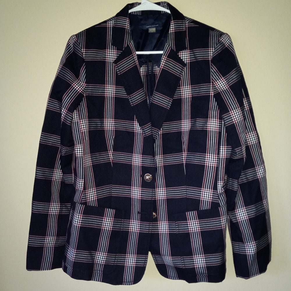 TOMMY HILFIGER Striking Navy Blue, Red and White Plaid Blazer Men's 14
